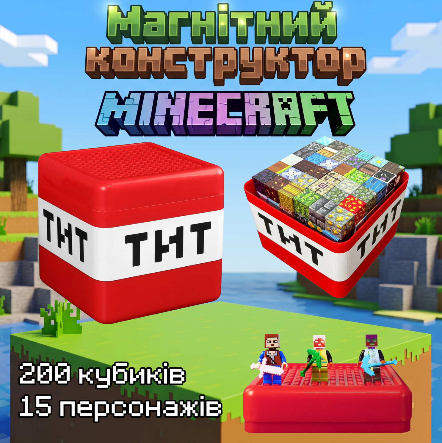Магнітний конструктор Minecraft 200 кубиків + 15 мініфігурок у боксі TNT