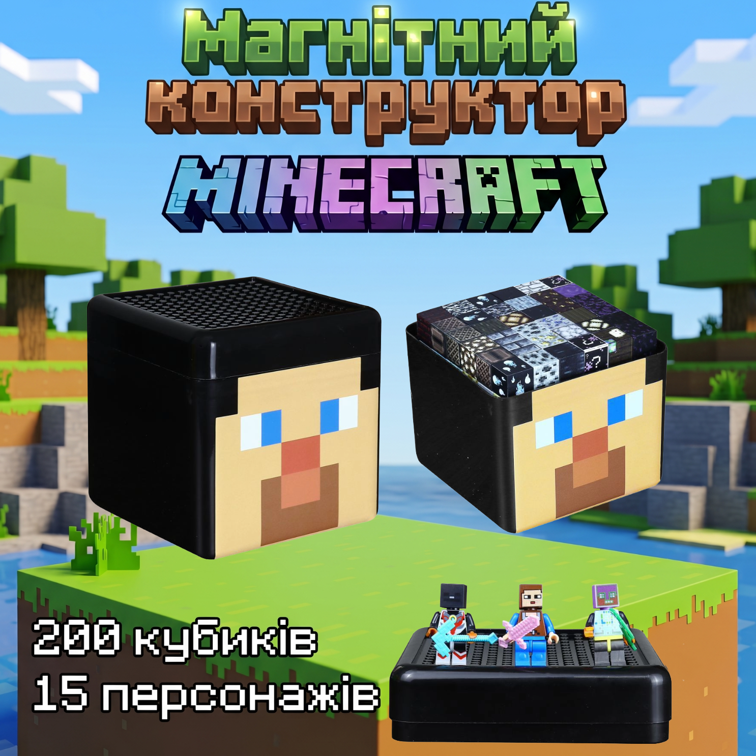 Магнітний конструктор Minecraft 200 кубиків + 15 мініфігурок у боксі Steve