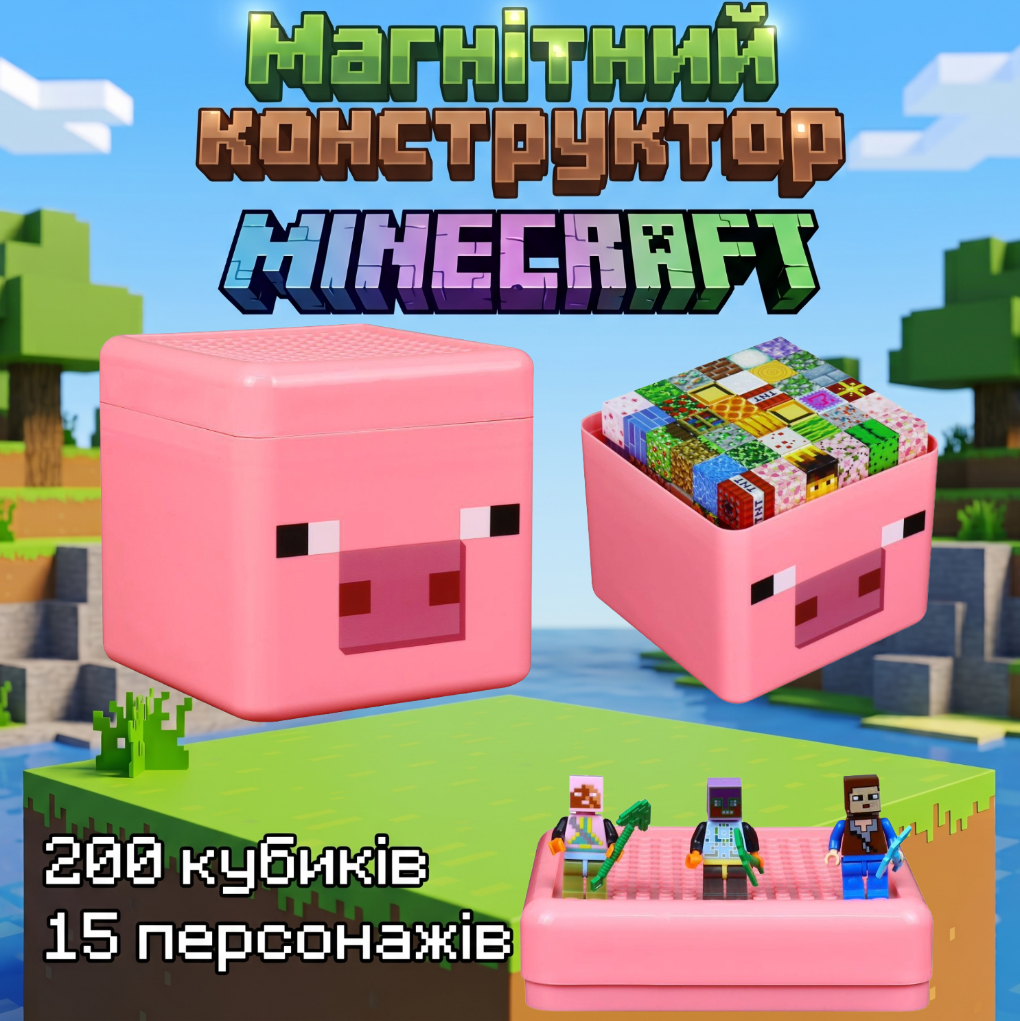 Магнітний конструктор Minecraft 200 кубиків + 15 мініфігурок у боксі Pig
