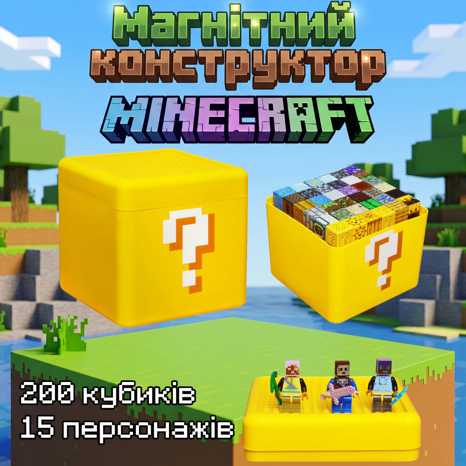 Магнітний конструктор Minecraft 200 кубиків + 15 мініфігурок у боксі Lucky Block