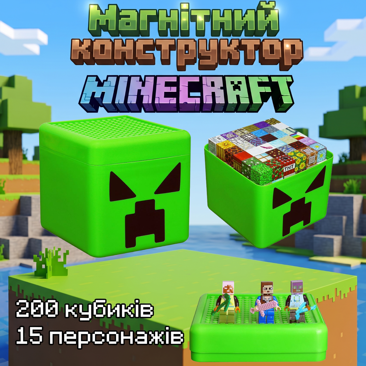 Магнітний конструктор Minecraft 200 кубиків + 15 мініфігурок у боксі Creeper